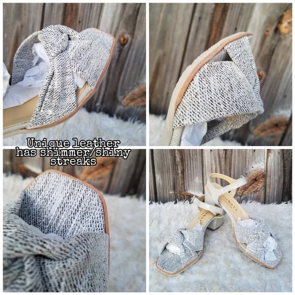 Square Toe Dress Sandal Gray Leather Knot Detail Brunate Size EU 38.5 Buckle EUC - Picture 8 of 14